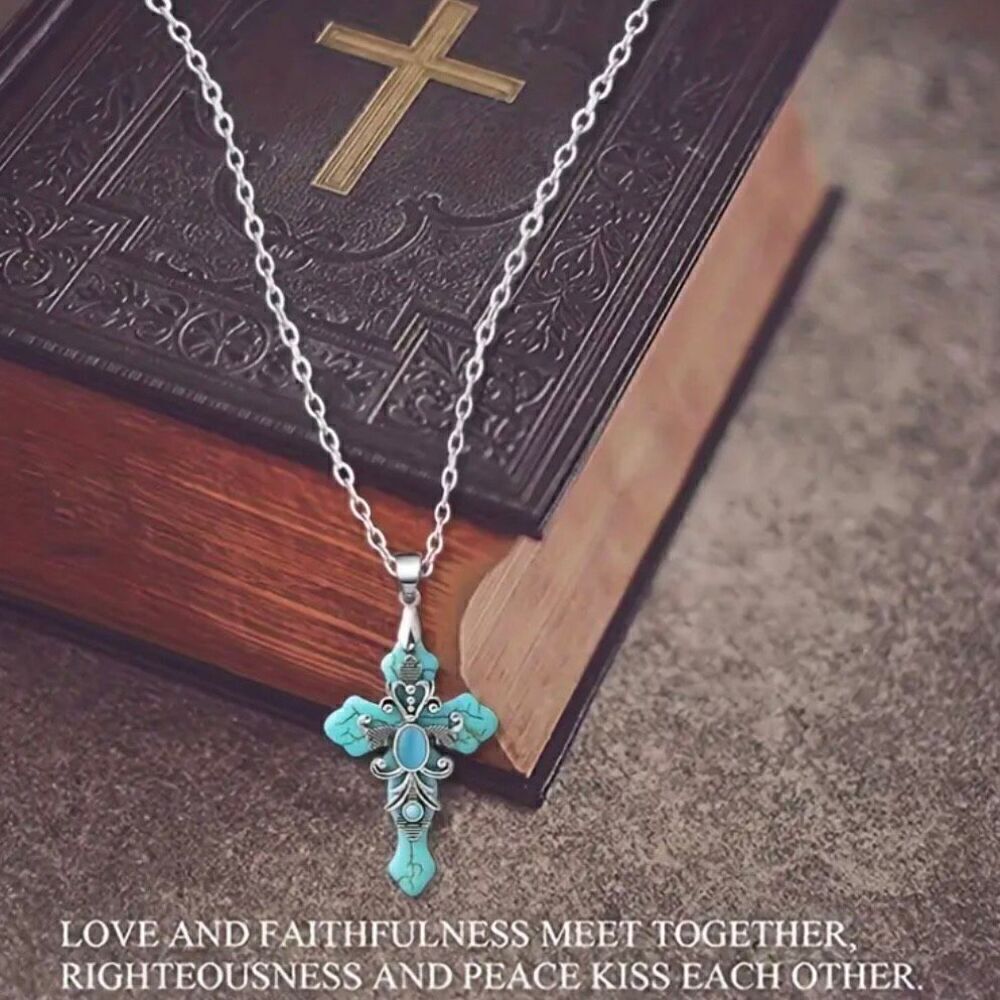 Turquoise Howlite Stone Cross Pendant Necklace Womens Casual Religious Jewelry * - Picture 6 of 6